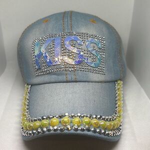 KISS Embellished Denim Baseball Cap with Yellow Rhinestones